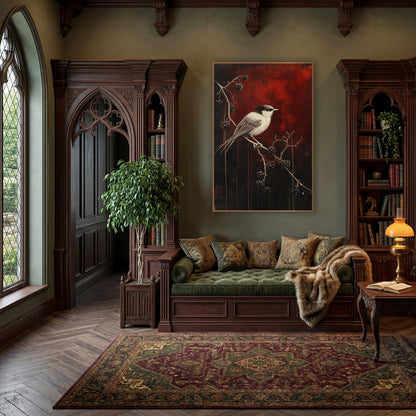 Small Bird Blackberry Branch Gothic wall art in a moody dark academia room – small cream and dark-capped bird