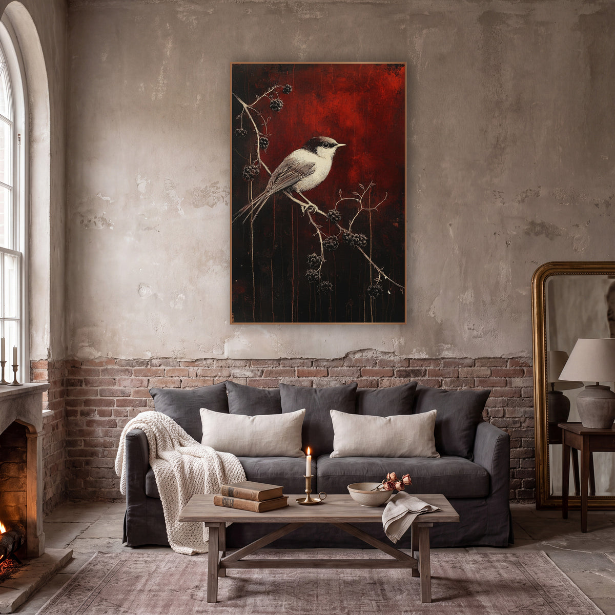 Small Bird Blackberry Branch Gothic wall art in a moody dark academia room – small cream and dark-capped bird