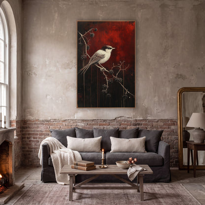 Small Bird Blackberry Branch Gothic wall art in a moody dark academia room – small cream and dark-capped bird