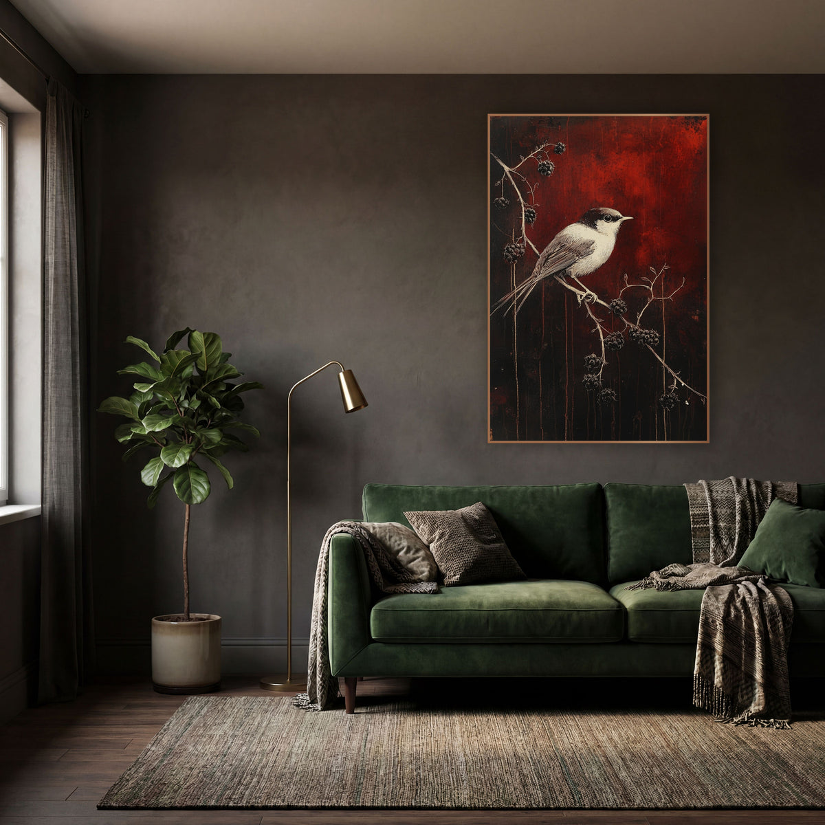Small Bird Blackberry Branch Gothic wall art in a moody dark academia room – small cream and dark-capped bird
