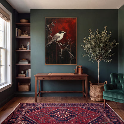 Small Bird Blackberry Branch Gothic wall art in a moody dark academia room – small cream and dark-capped bird