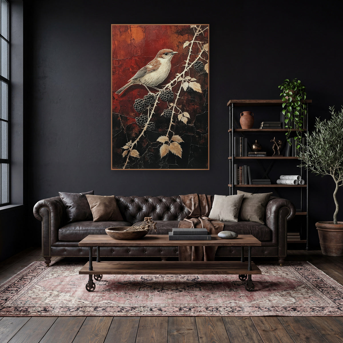 Small Bird Blackberry Branch Botanical wall art in a moody dark academia room – small brown and cream bird on a thorny