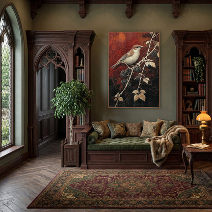 Small Bird Blackberry Branch Botanical wall art in a moody dark academia room – small brown and cream bird on a thorny