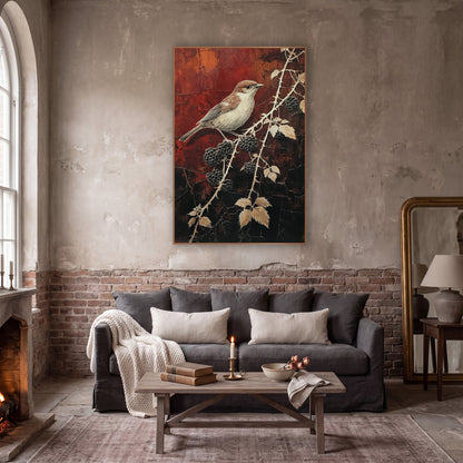 Small Bird Blackberry Branch Botanical wall art in a moody dark academia room – small brown and cream bird on a thorny