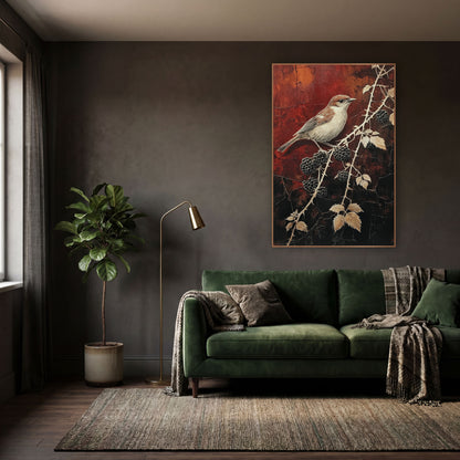 Small Bird Blackberry Branch Botanical wall art in a moody dark academia room – small brown and cream bird on a thorny