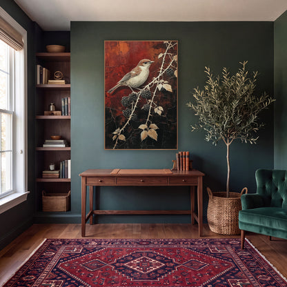 Small Bird Blackberry Branch Botanical wall art in a moody dark academia room – small brown and cream bird on a thorny