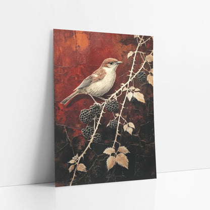 Small Bird Blackberry Branch Botanical art print leaning against a white wall – small brown and cream bird on a thorny