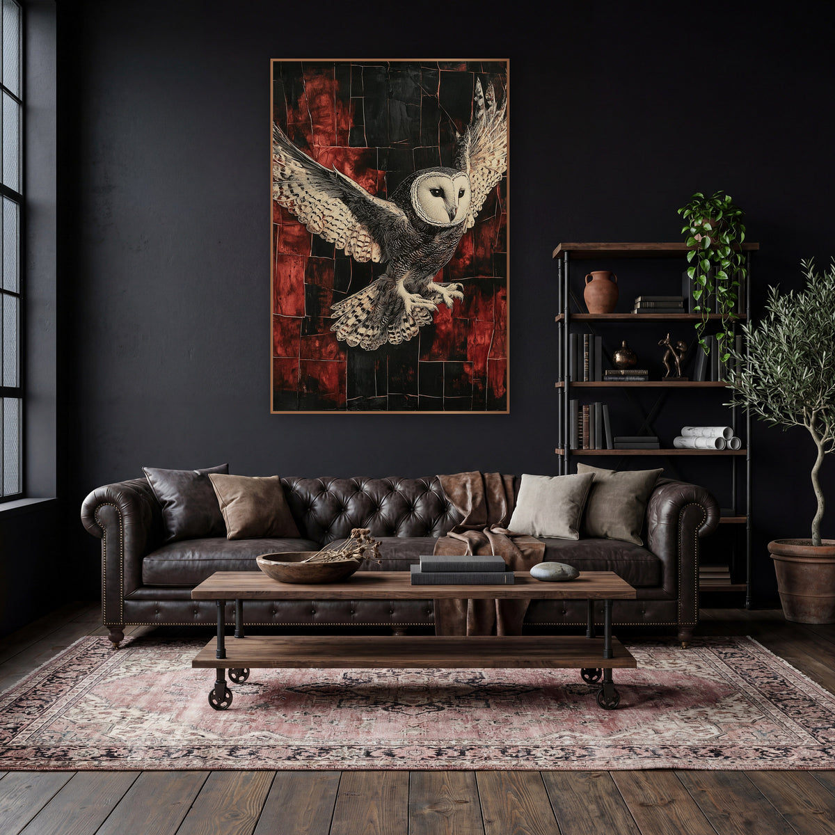 Spread Wing Owl Gothic Grid wall art in a moody dark academia room – barn owl in flight with spread spotted wings