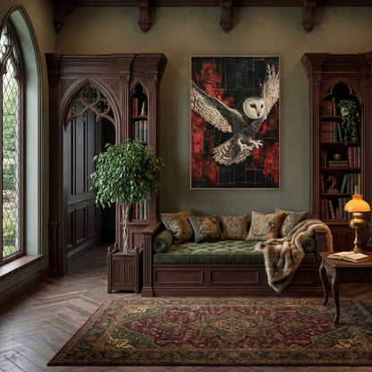 Spread Wing Owl Gothic Grid wall art in a moody dark academia room – barn owl in flight with spread spotted wings