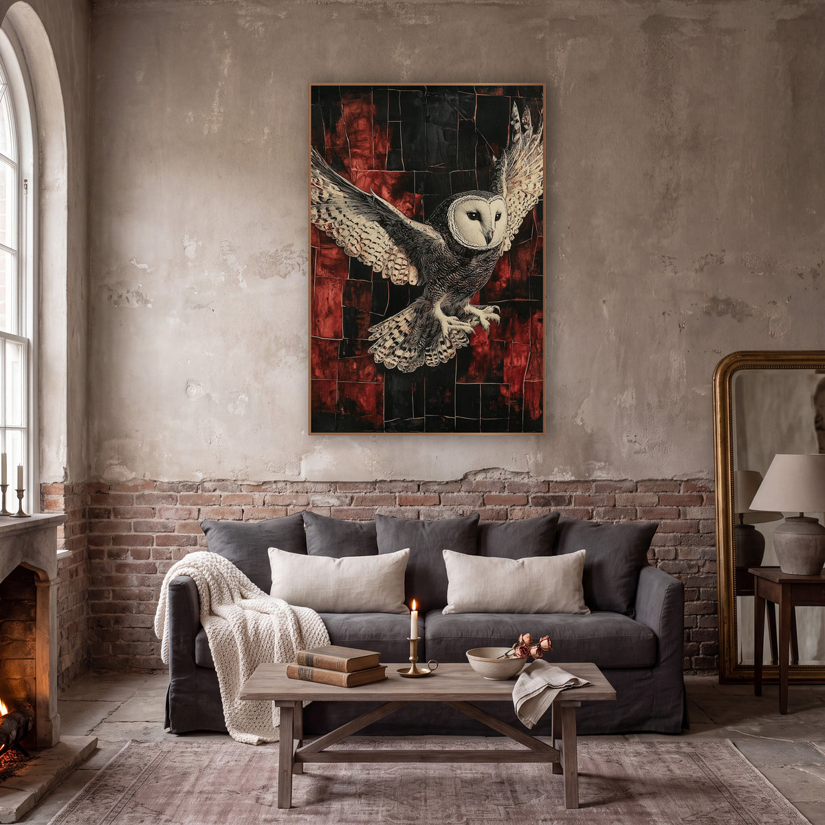Spread Wing Owl Gothic Grid wall art in a moody dark academia room – barn owl in flight with spread spotted wings