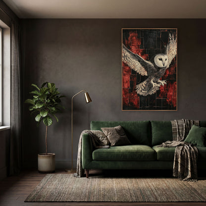 Spread Wing Owl Gothic Grid wall art in a moody dark academia room – barn owl in flight with spread spotted wings