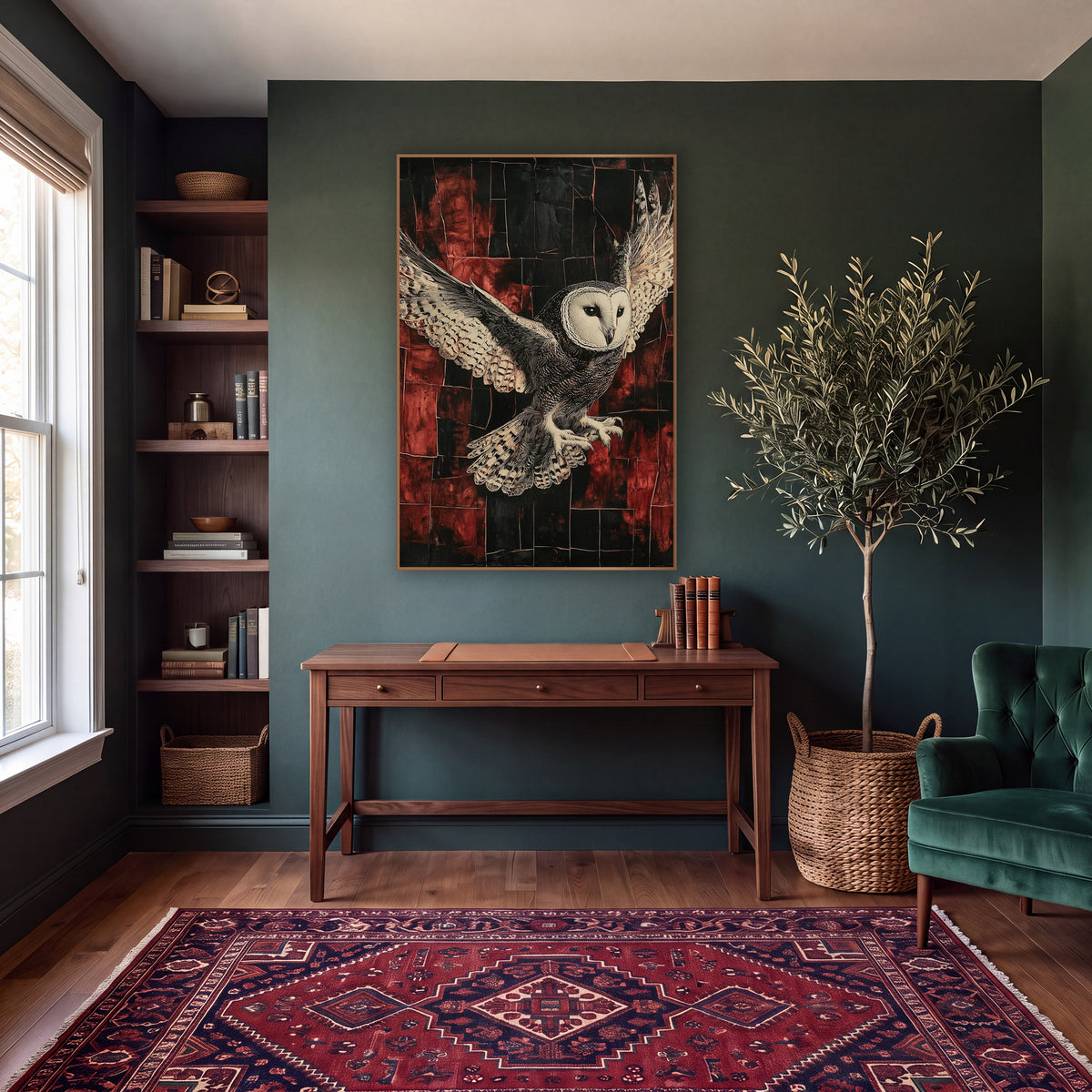 Spread Wing Owl Gothic Grid wall art in a moody dark academia room – barn owl in flight with spread spotted wings