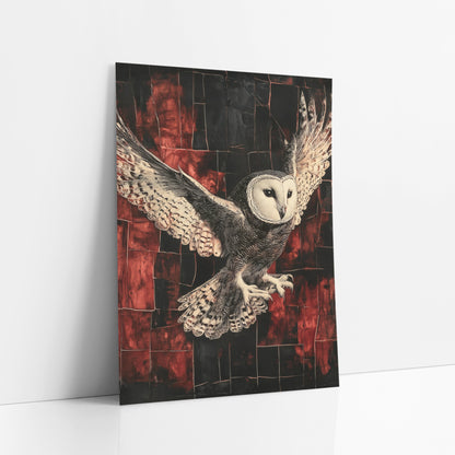 Spread Wing Owl Gothic Grid art print leaning against a white wall – barn owl in flight with spread spotted wings and open