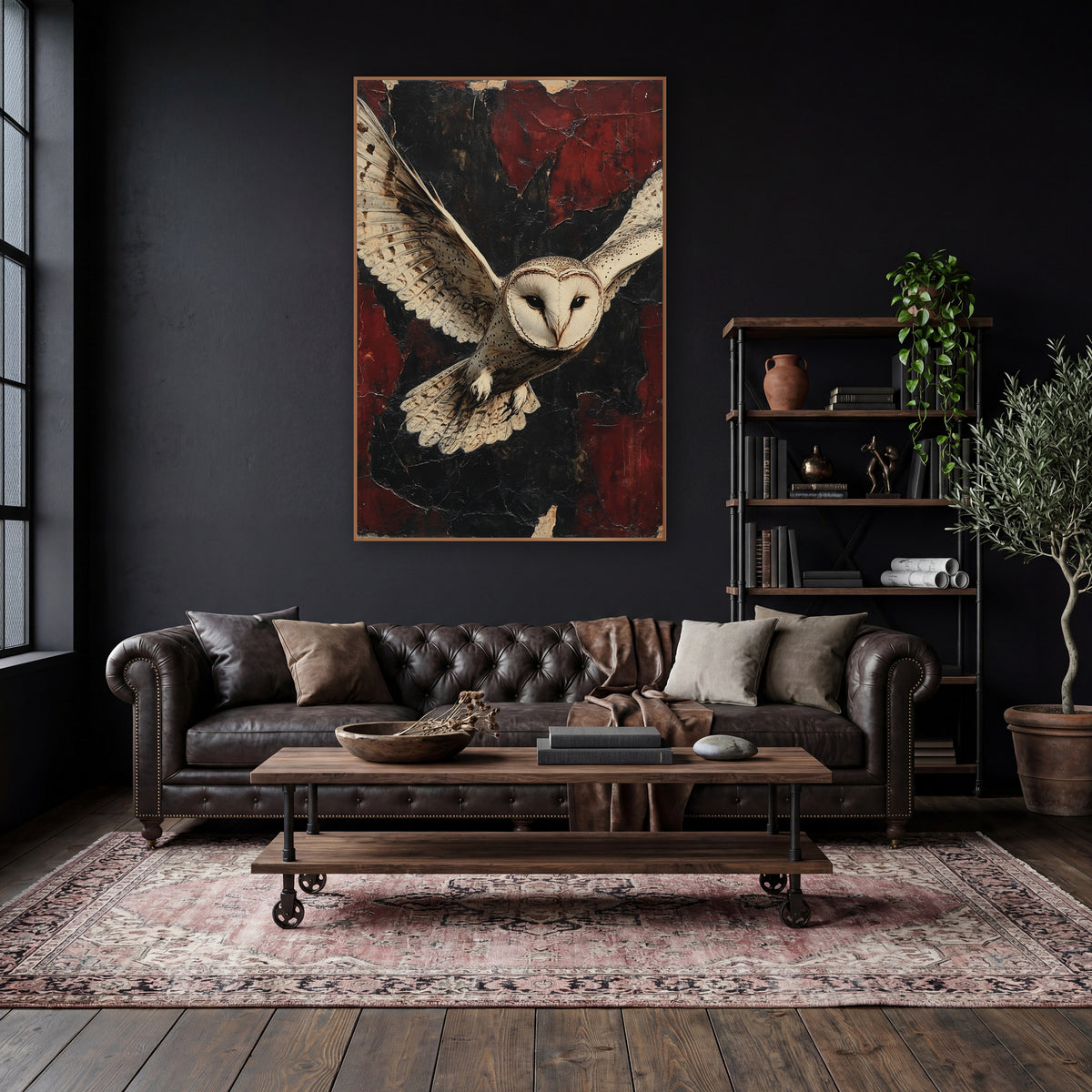 Heart Faced Owl Weathered Classic wall art in a moody dark academia room – barn owl in flight with wings spread, pale