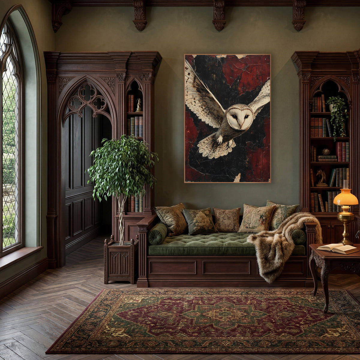 Heart Faced Owl Weathered Classic wall art in a moody dark academia room – barn owl in flight with wings spread, pale