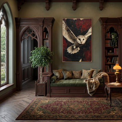 Heart Faced Owl Weathered Classic wall art in a moody dark academia room – barn owl in flight with wings spread, pale