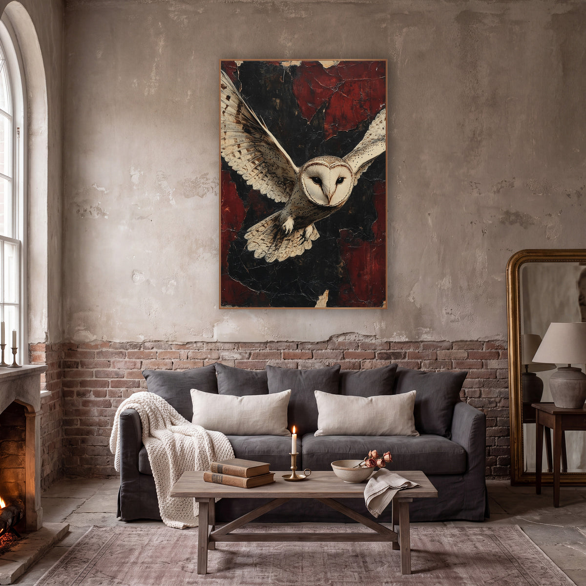 Heart Faced Owl Weathered Classic wall art in a moody dark academia room – barn owl in flight with wings spread, pale