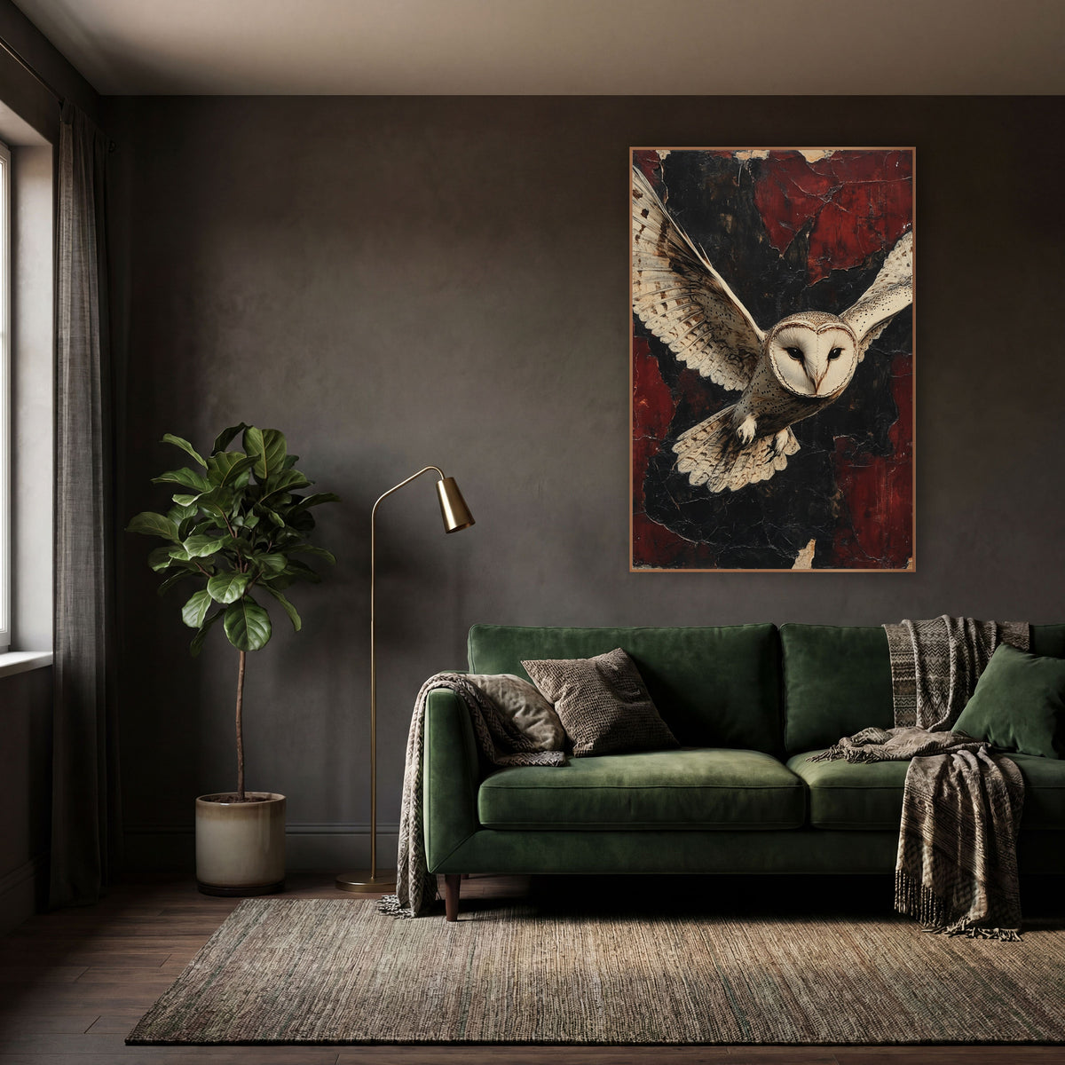 Heart Faced Owl Weathered Classic wall art in a moody dark academia room – barn owl in flight with wings spread, pale