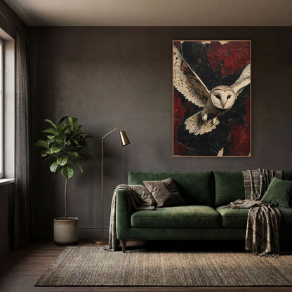 Heart Faced Owl Weathered Classic wall art in a moody dark academia room – barn owl in flight with wings spread, pale