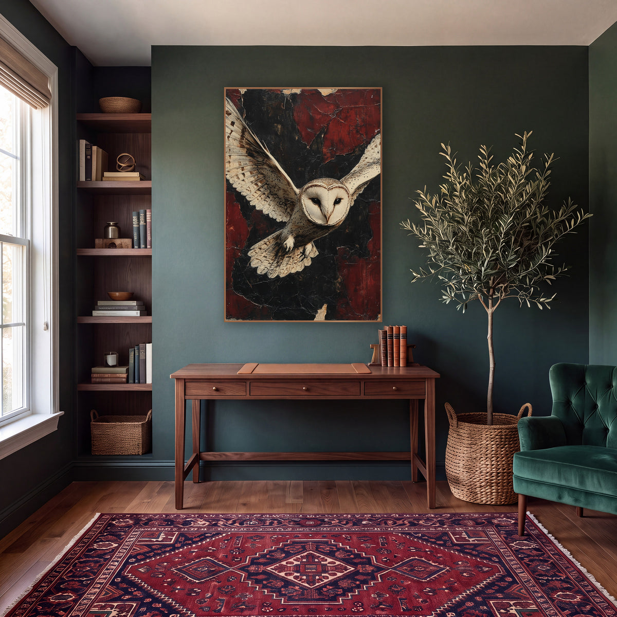 Heart Faced Owl Weathered Classic wall art in a moody dark academia room – barn owl in flight with wings spread, pale
