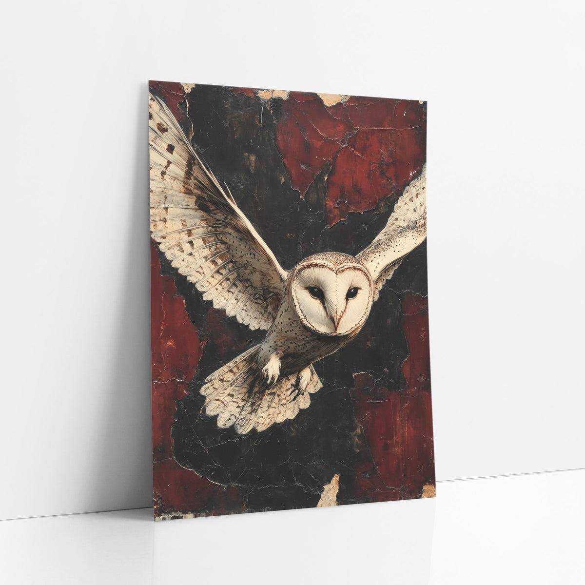Heart Faced Owl Weathered Classic art print leaning against a white wall – barn owl in flight with wings spread, pale