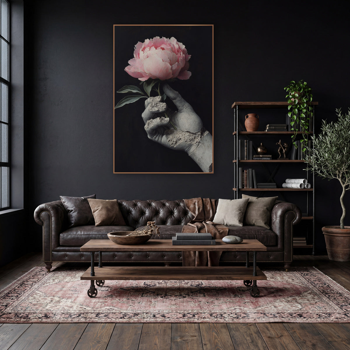 Broken Statue Hand Peony Still Life wall art in a moody dark academia room – pink peony held in a cracked gray statue