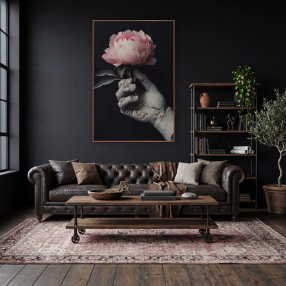 Broken Statue Hand Peony Still Life wall art in a moody dark academia room – pink peony held in a cracked gray statue