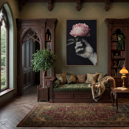Broken Statue Hand Peony Still Life wall art in a moody dark academia room – pink peony held in a cracked gray statue