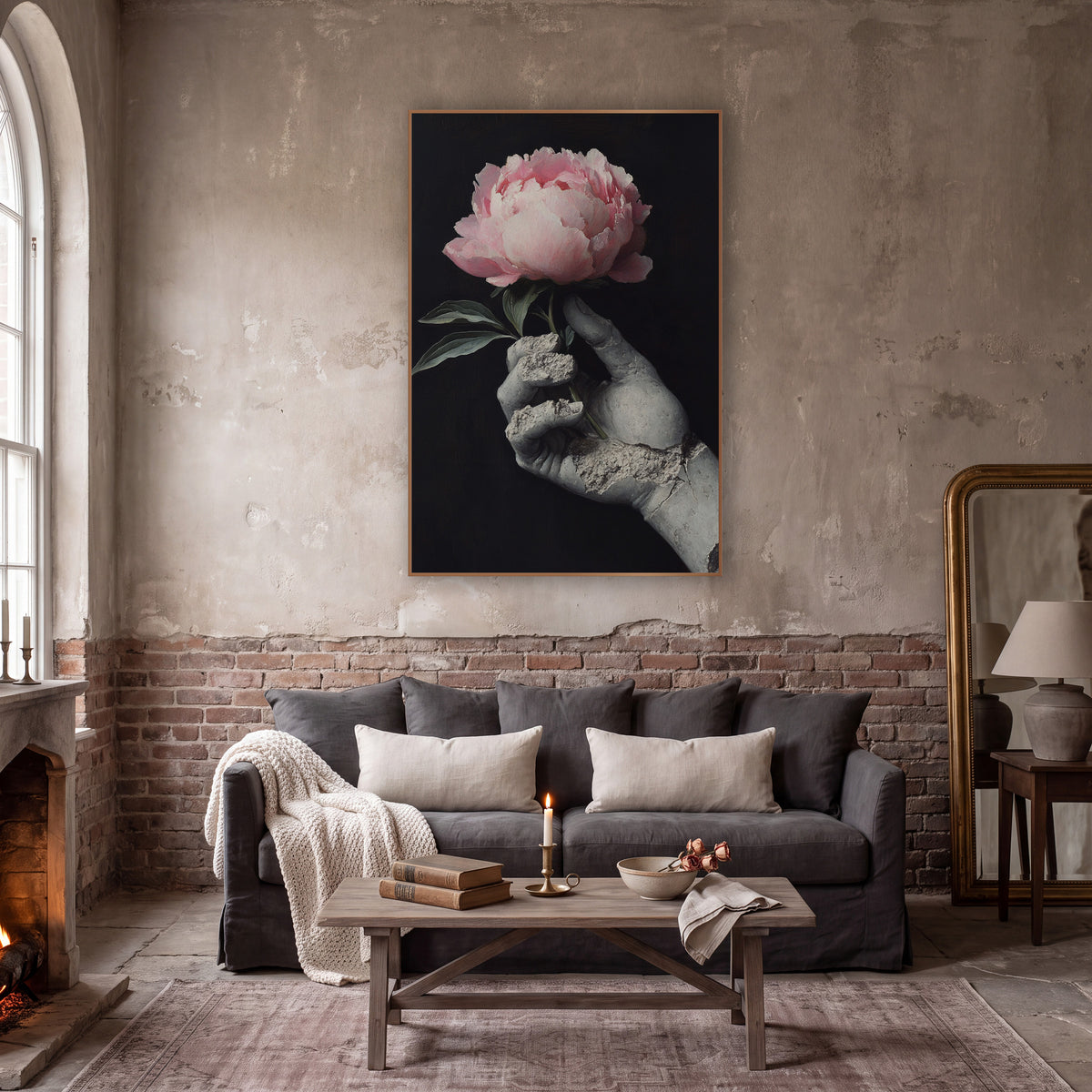 Broken Statue Hand Peony Still Life wall art in a moody dark academia room – pink peony held in a cracked gray statue