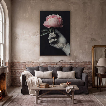 Broken Statue Hand Peony Still Life wall art in a moody dark academia room – pink peony held in a cracked gray statue