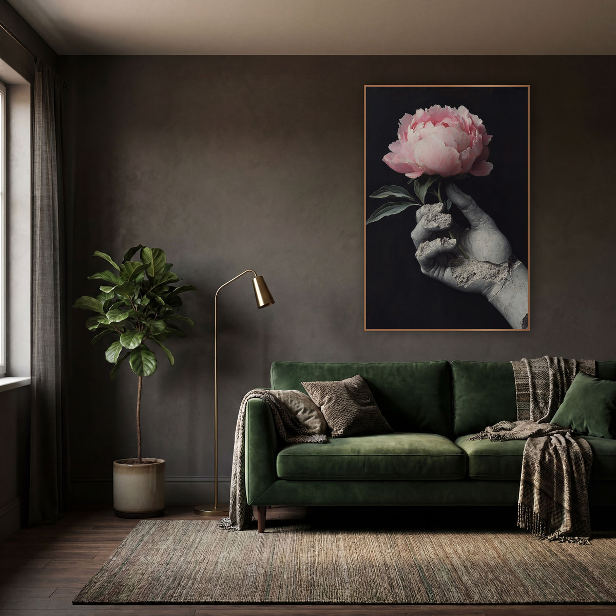 Broken Statue Hand Peony Still Life wall art in a moody dark academia room – pink peony held in a cracked gray statue