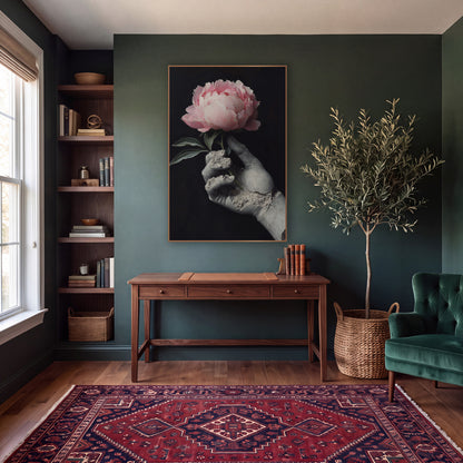 Broken Statue Hand Peony Still Life wall art in a moody dark academia room – pink peony held in a cracked gray statue