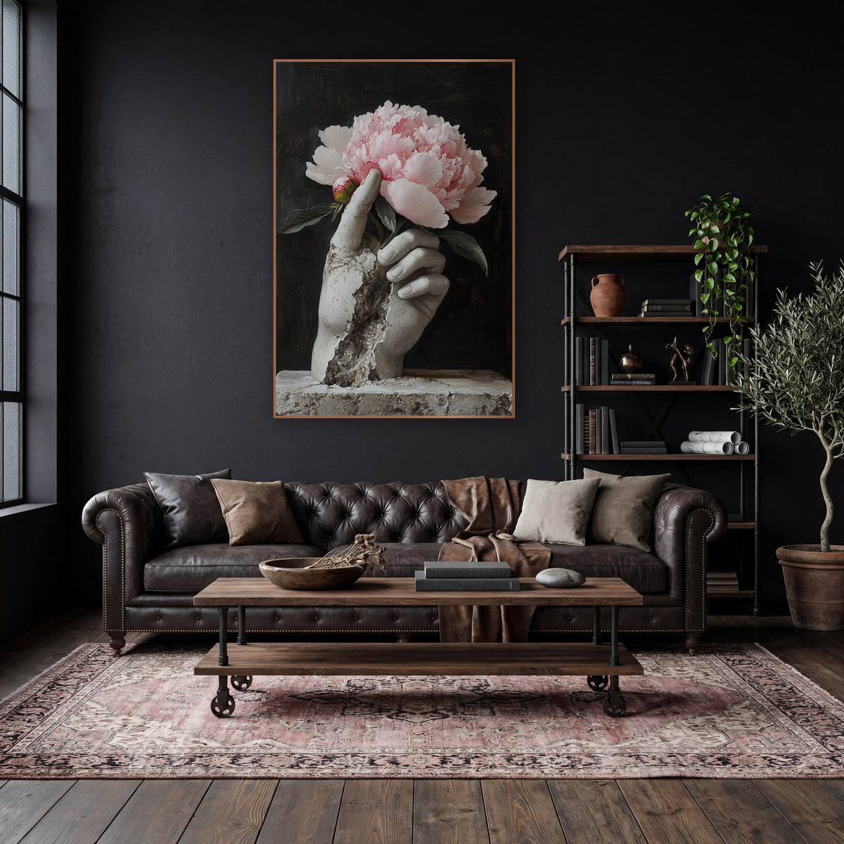 Cracked Hand Peony Plinth Classic wall art in a moody dark academia room – cracked pale stone hand holding a pink