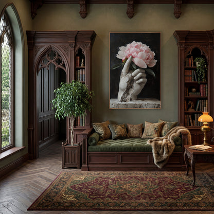 Cracked Hand Peony Plinth Classic wall art in a moody dark academia room – cracked pale stone hand holding a pink