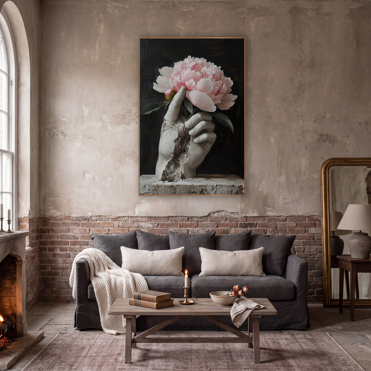 Cracked Hand Peony Plinth Classic wall art in a moody dark academia room – cracked pale stone hand holding a pink