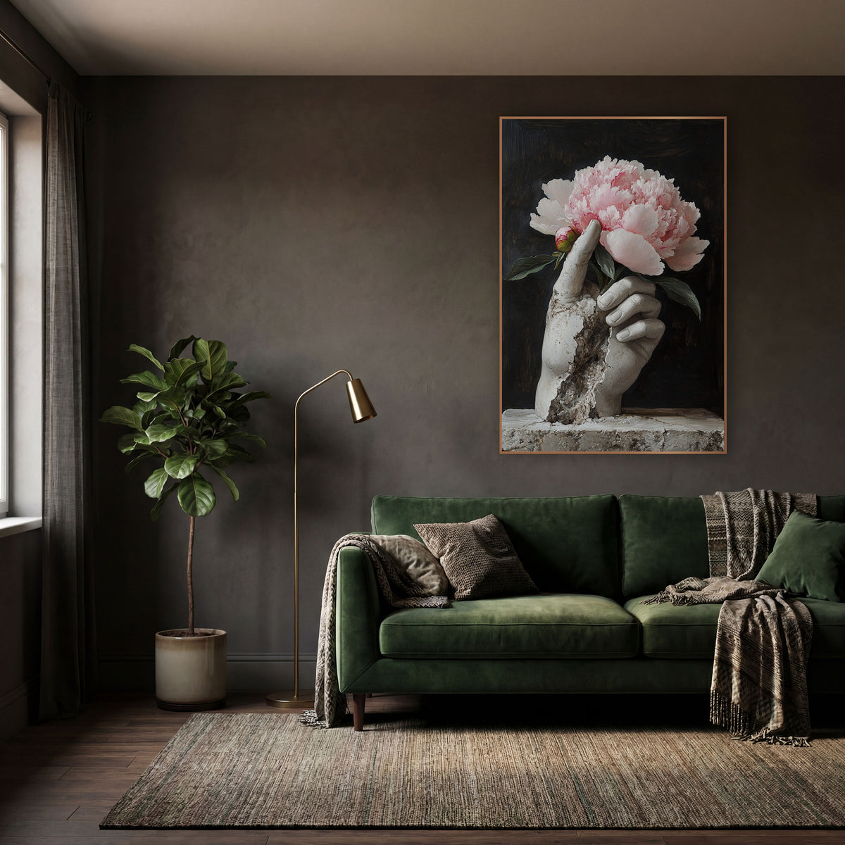 Cracked Hand Peony Plinth Classic wall art in a moody dark academia room – cracked pale stone hand holding a pink