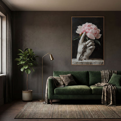 Cracked Hand Peony Plinth Classic wall art in a moody dark academia room – cracked pale stone hand holding a pink