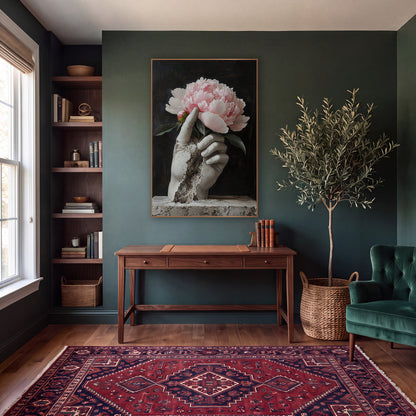 Cracked Hand Peony Plinth Classic wall art in a moody dark academia room – cracked pale stone hand holding a pink