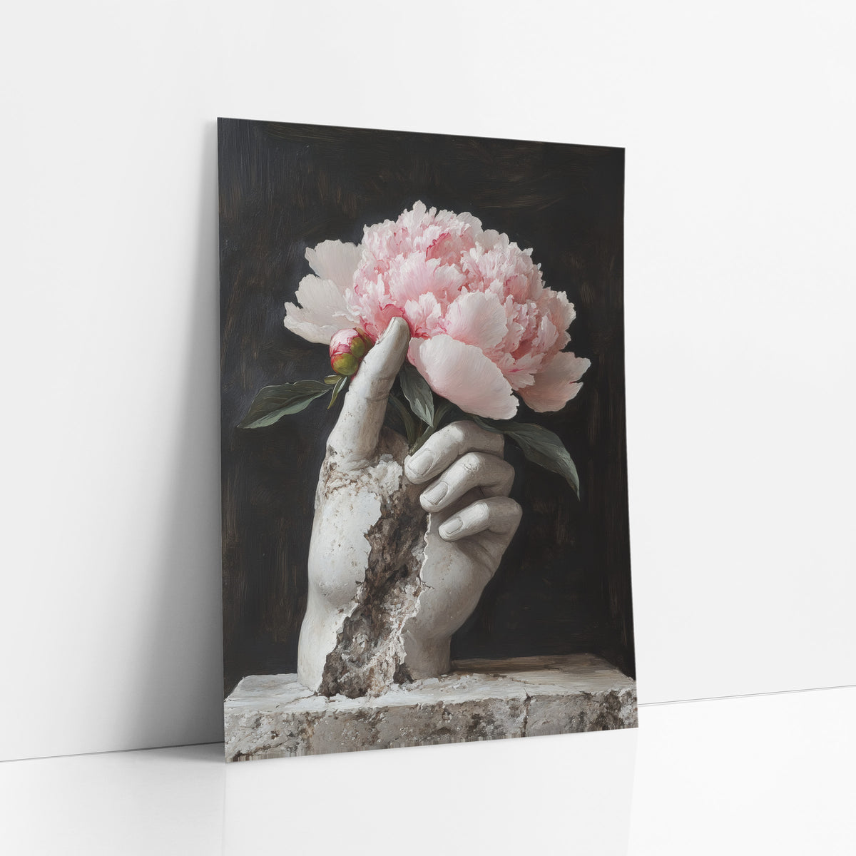 Cracked Hand Peony Plinth Classic art print leaning against a white wall – cracked pale stone hand holding a pink peony