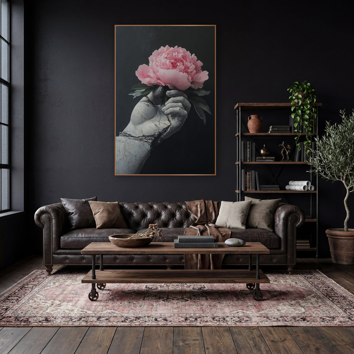 Gray Stone Hand Peony Moody wall art in a moody dark academia room – pink peony held in a cracked gray statue hand