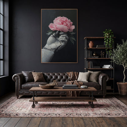 Gray Stone Hand Peony Moody wall art in a moody dark academia room – pink peony held in a cracked gray statue hand