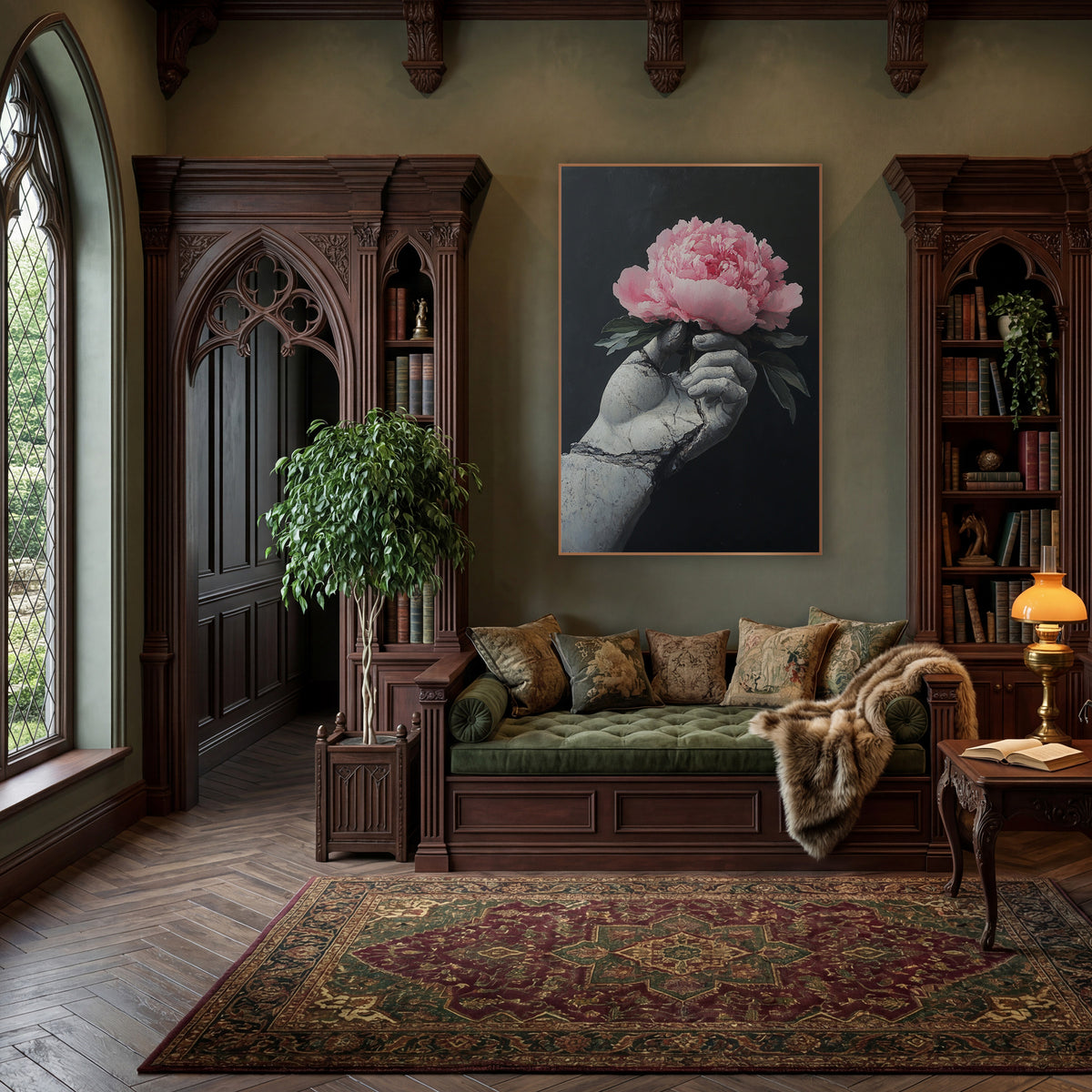 Gray Stone Hand Peony Moody wall art in a moody dark academia room – pink peony held in a cracked gray statue hand