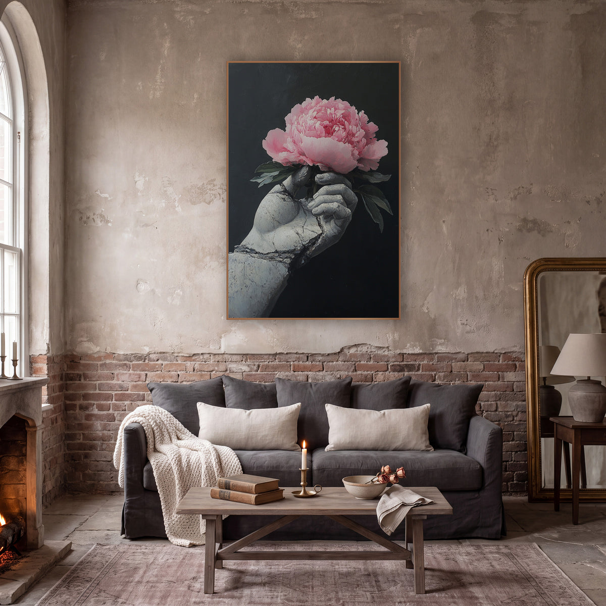 Gray Stone Hand Peony Moody wall art in a moody dark academia room – pink peony held in a cracked gray statue hand
