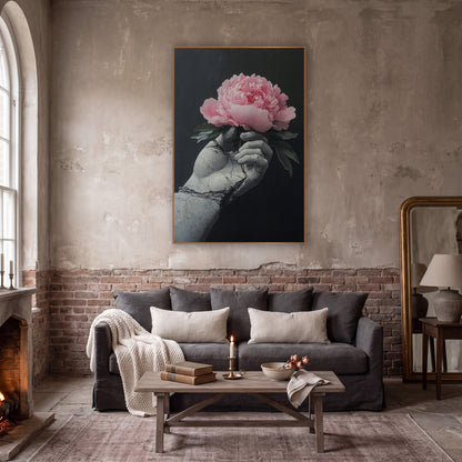 Gray Stone Hand Peony Moody wall art in a moody dark academia room – pink peony held in a cracked gray statue hand
