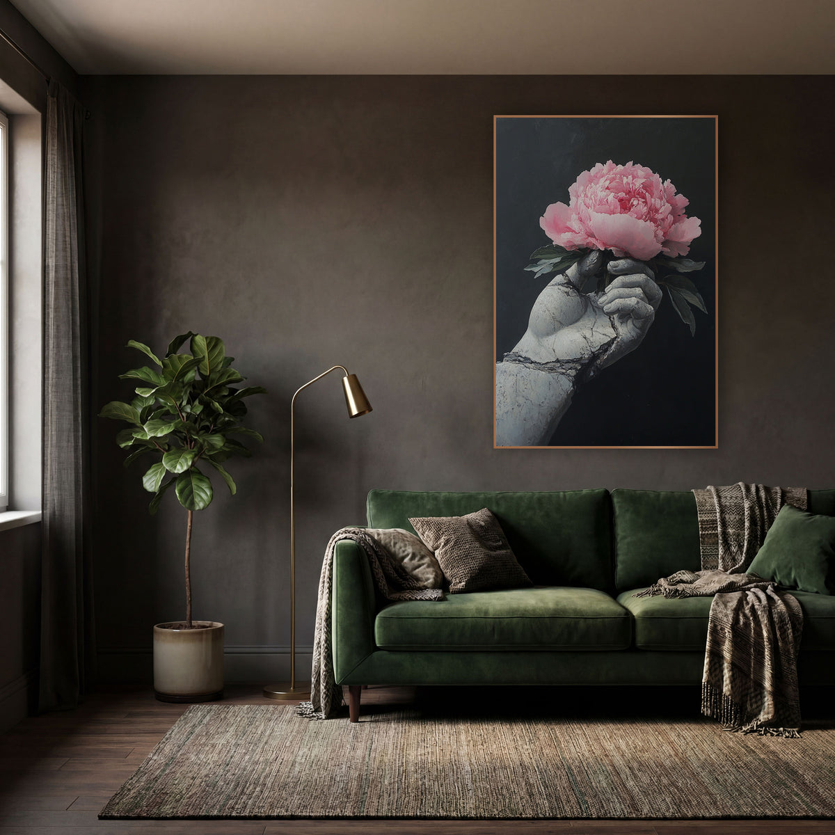 Gray Stone Hand Peony Moody wall art in a moody dark academia room – pink peony held in a cracked gray statue hand