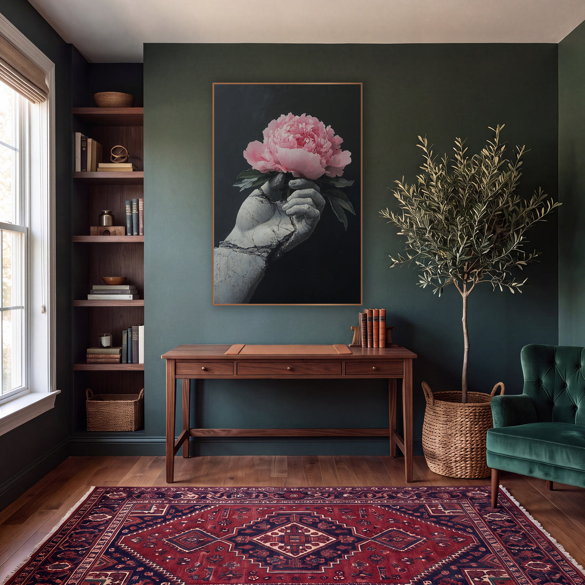 Gray Stone Hand Peony Moody wall art in a moody dark academia room – pink peony held in a cracked gray statue hand