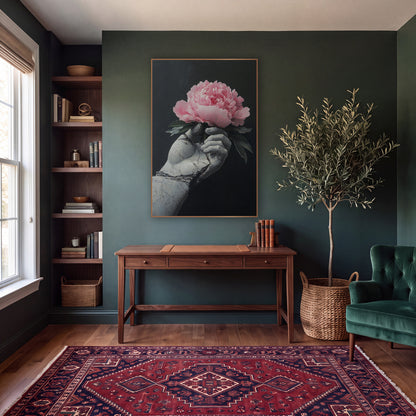 Gray Stone Hand Peony Moody wall art in a moody dark academia room – pink peony held in a cracked gray statue hand