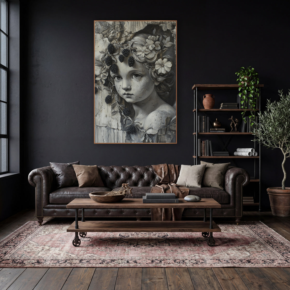 Grisaille Cherub Blackberry Vine Gothic wall art in a moody dark academia room – gray-toned cherub face with flowers
