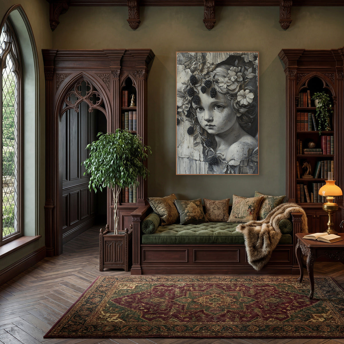 Grisaille Cherub Blackberry Vine Gothic wall art in a moody dark academia room – gray-toned cherub face with flowers