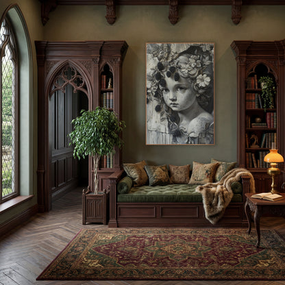 Grisaille Cherub Blackberry Vine Gothic wall art in a moody dark academia room – gray-toned cherub face with flowers